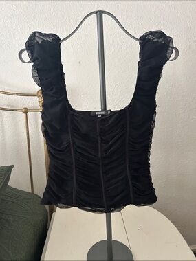Missguided Black Ruched Corset-Style Tank with Sheer Trim